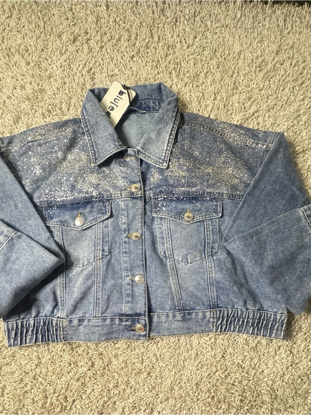Glitter Detail Blue Denim Cropped Jacket